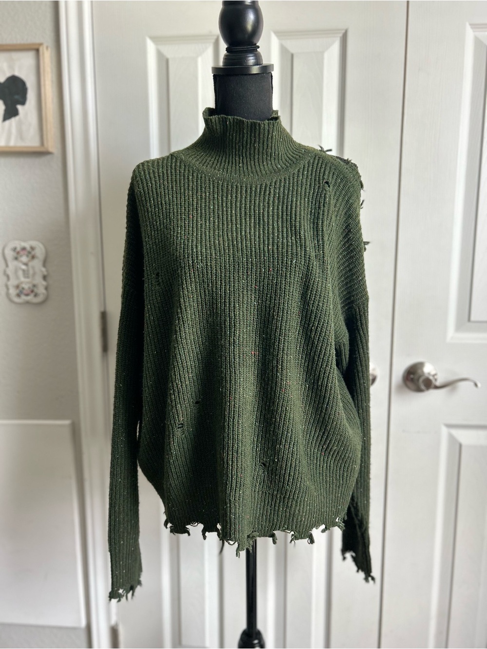 Zenana green speckle ribbed knit ripped destroyed high collar sweater